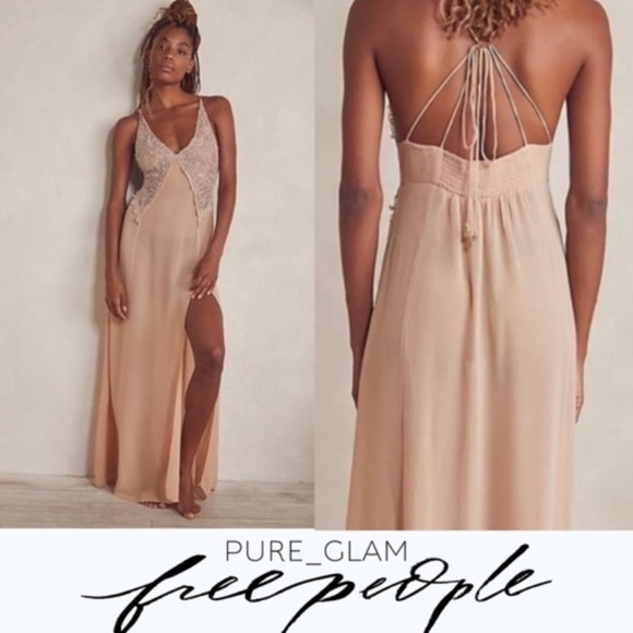 Free People Ivory Sheer Current Obsession Lace Maxi Slit Cut Slip Dress Small - Picture 4 of 14